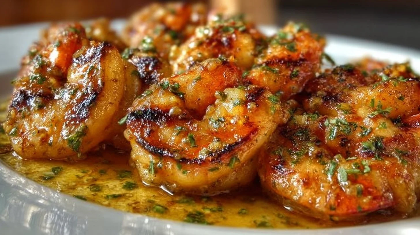 Juicy garlic butter grilled shrimp served on a plate with herbs