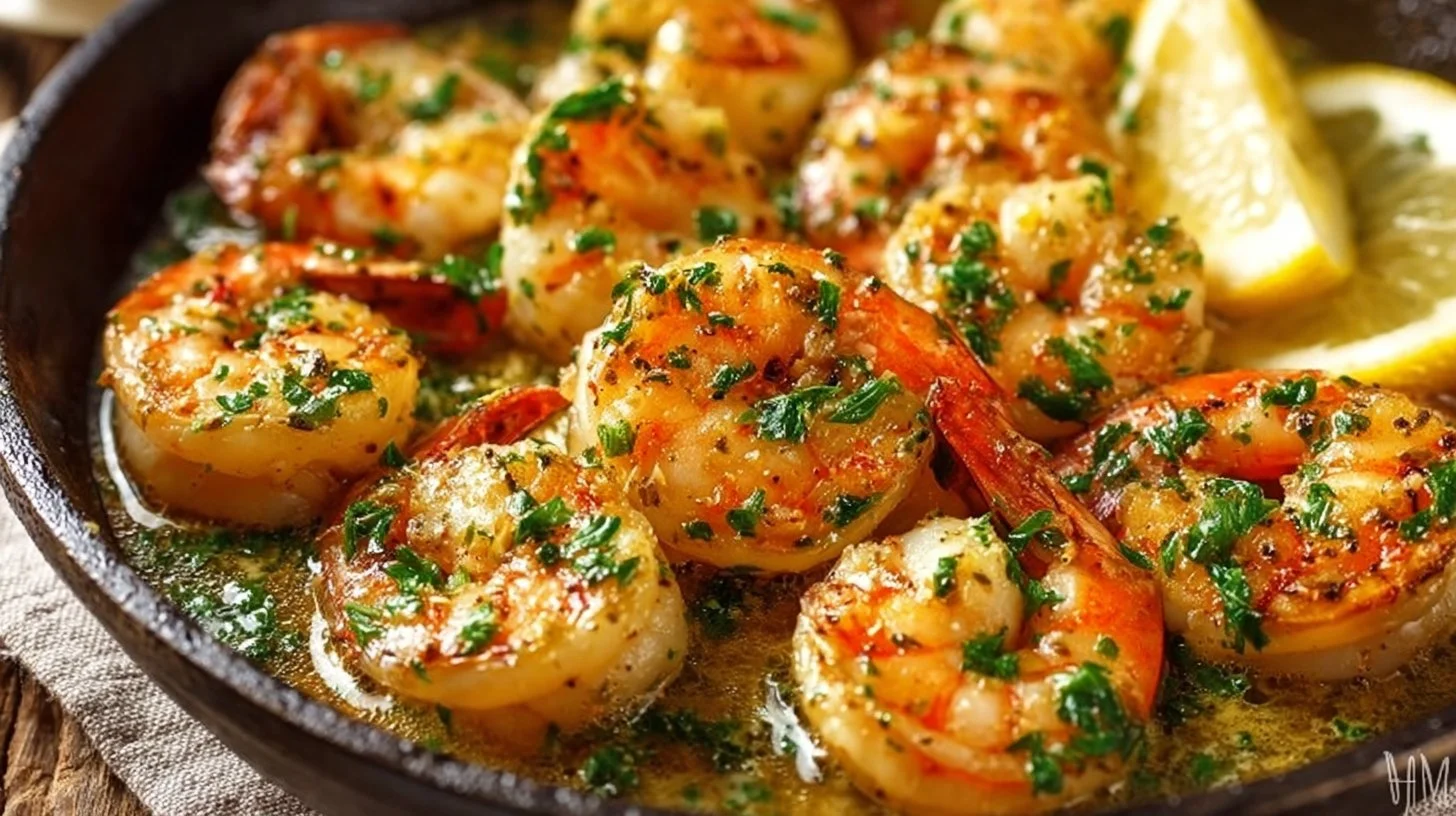 Delicious Lemon Butter Garlic Shrimp served with herbs and lemon slices