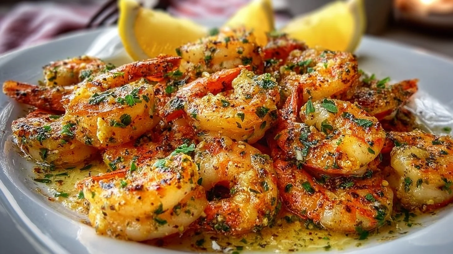 Delicious Lemon Butter Shrimp served on a plate with garnishes.