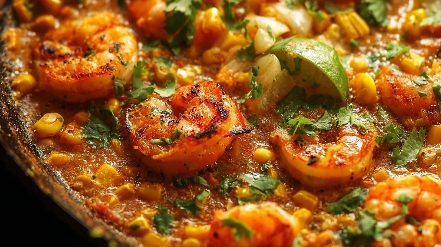 Delicious Mexican street corn topped with shrimp and spices