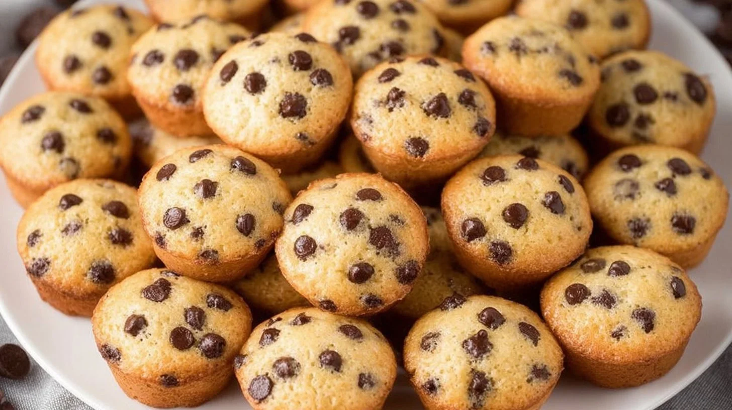 Freshly baked mini chocolate chip muffins on a cooling rack