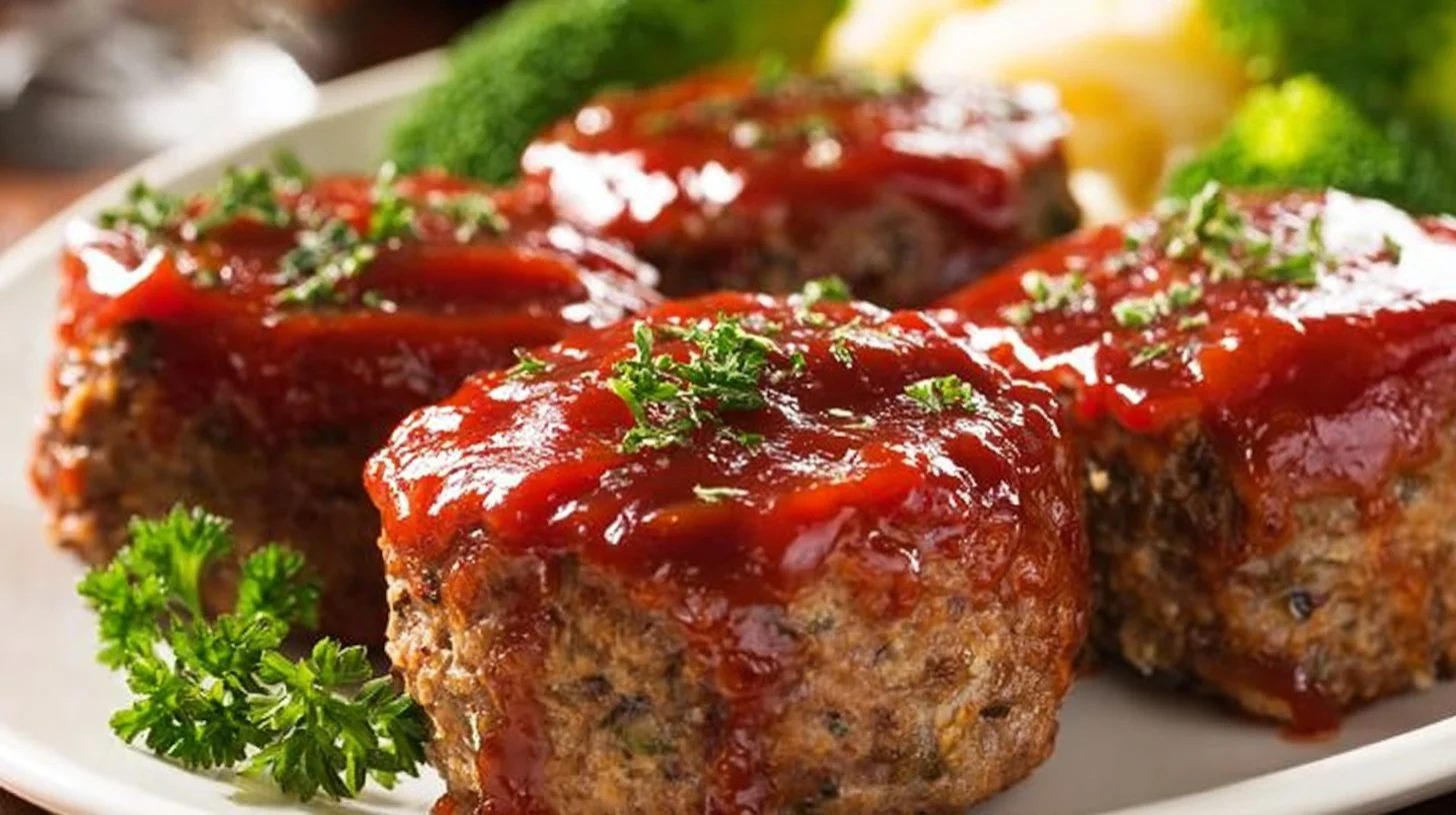 Baked mini meatloaf topped with ketchup, ready to serve.