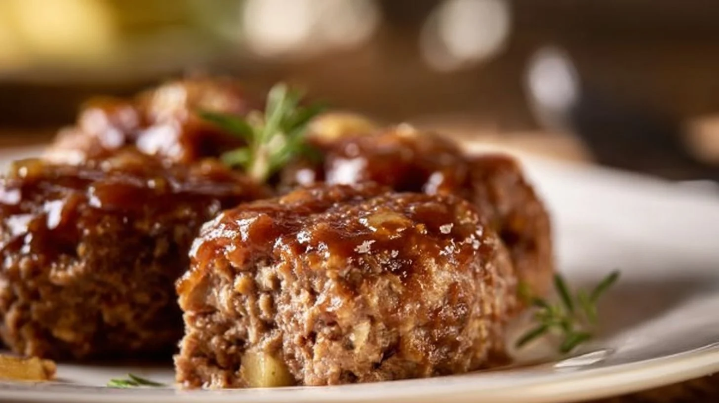 Plate of savory mini meatloaf bites garnished with herbs