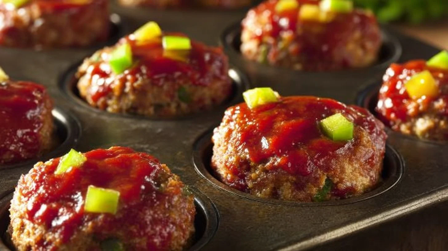 Mini meatloaf muffins served on a plate, topped with ketchup glaze.
