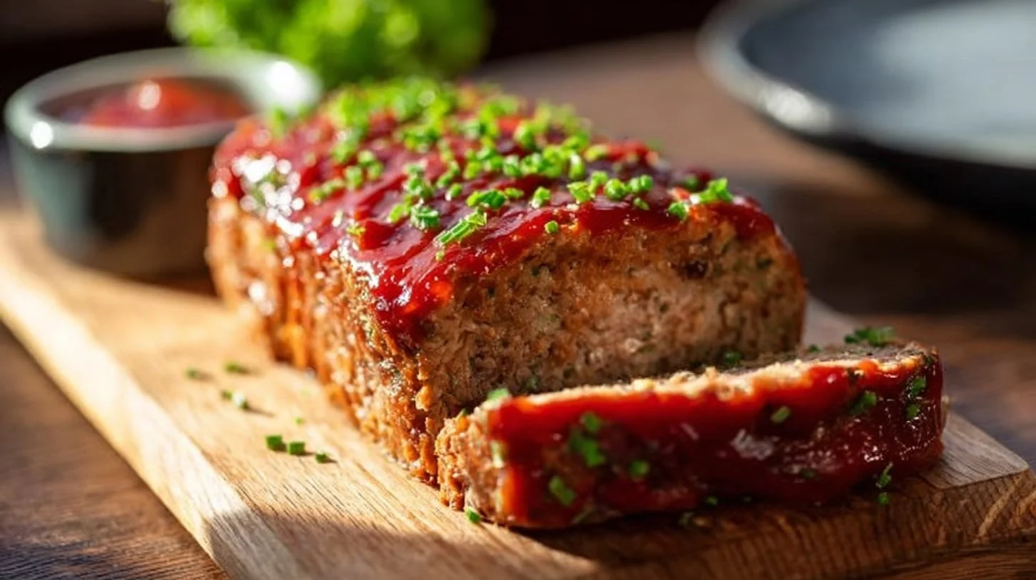 Mini meatloaf on a plate, garnished with parsley and ketchup