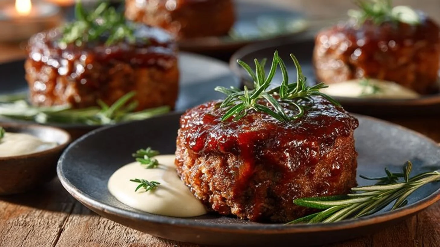 Baked mini meatloaves served on a plate with fresh herbs