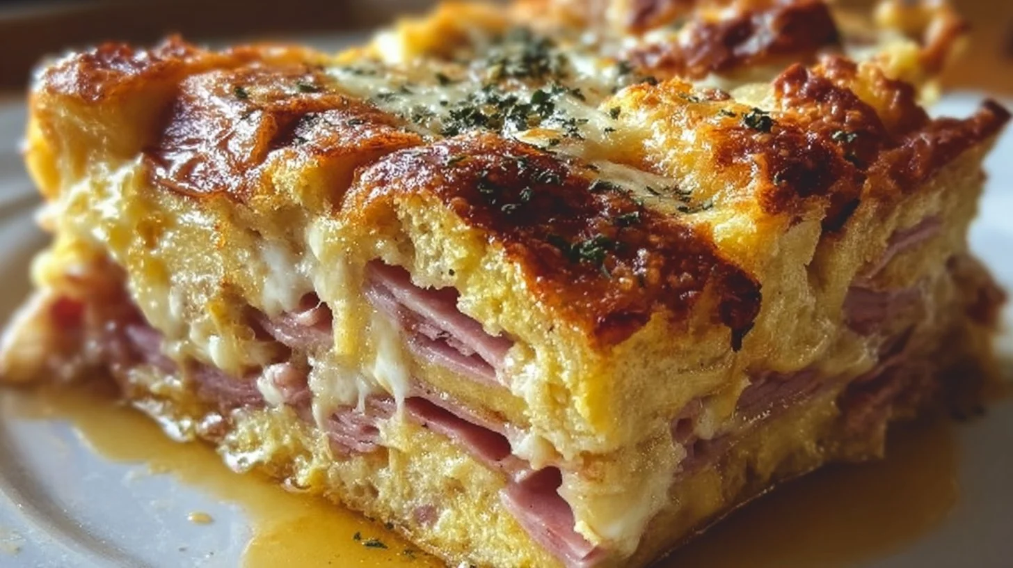 Monte Cristo Breakfast Casserole with ham and cheese topped with maple syrup