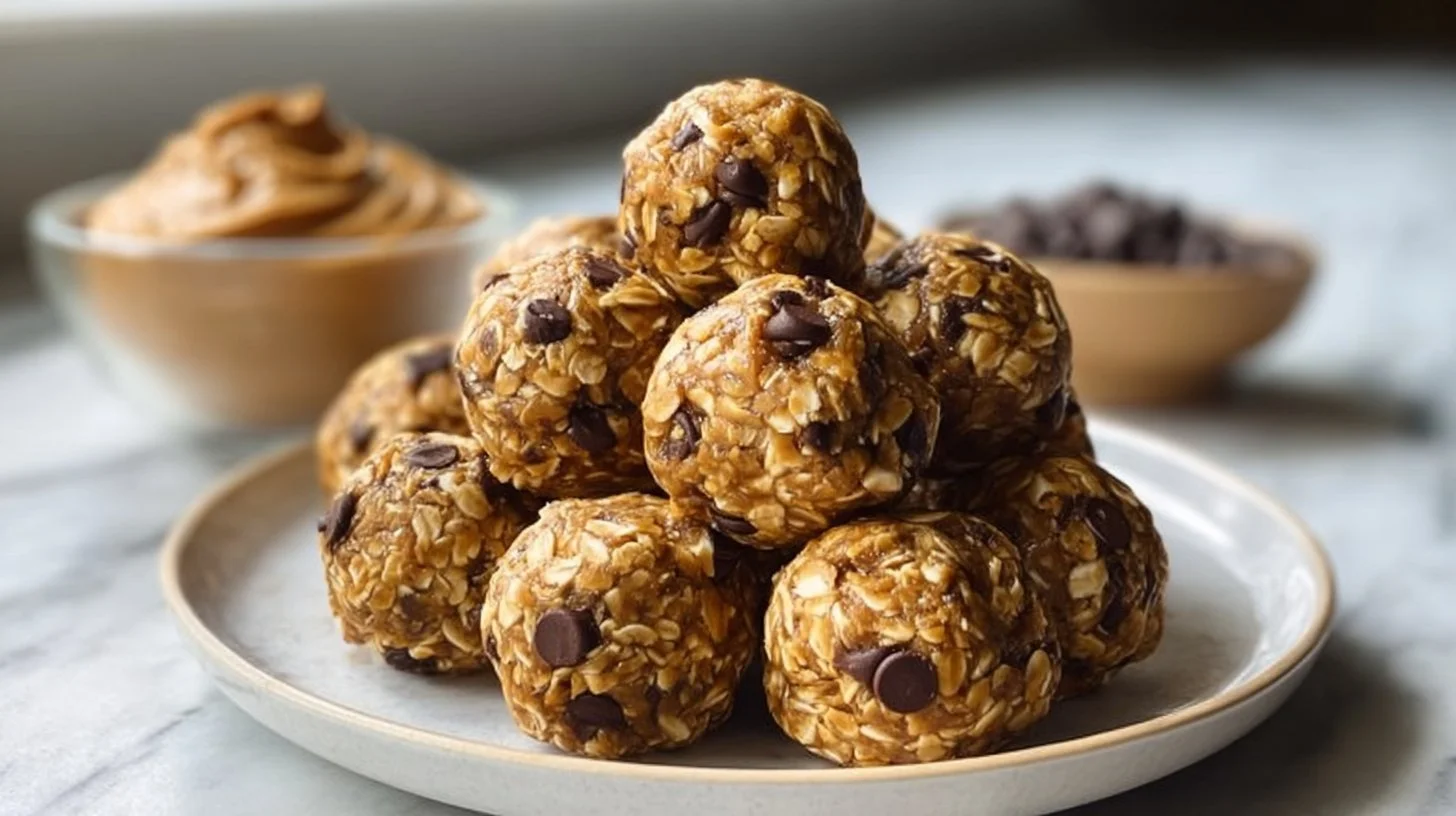 No-bake peanut butter energy bites on a wooden board