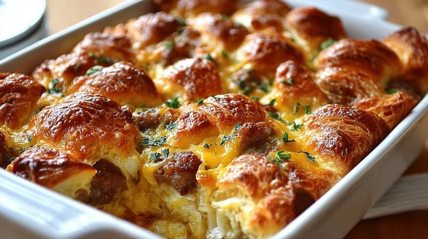 Delicious Overnight Croissant Breakfast Casserole served in a dish