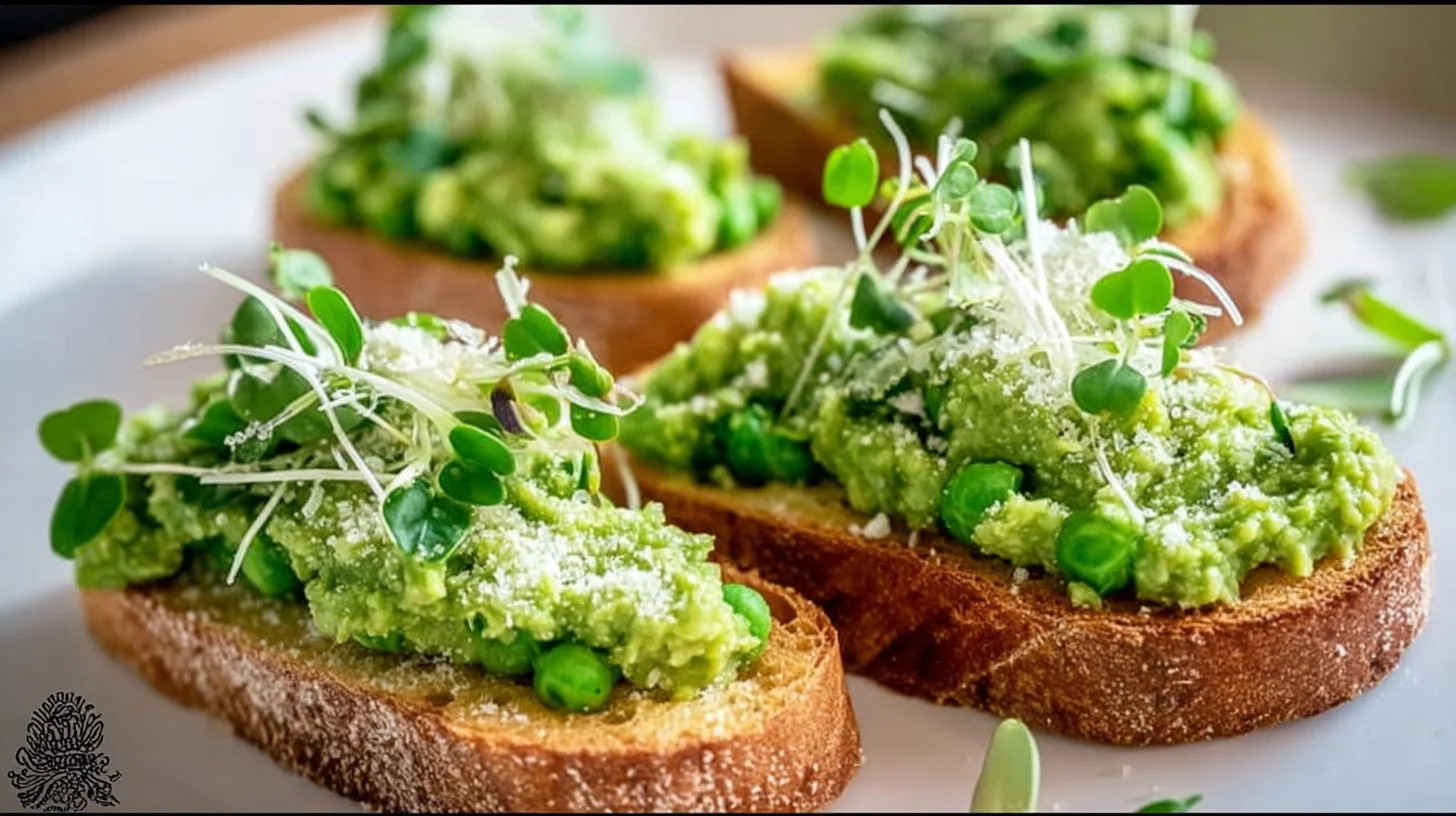 Delicious pea bruschetta topped with fresh herbs on toasted bread