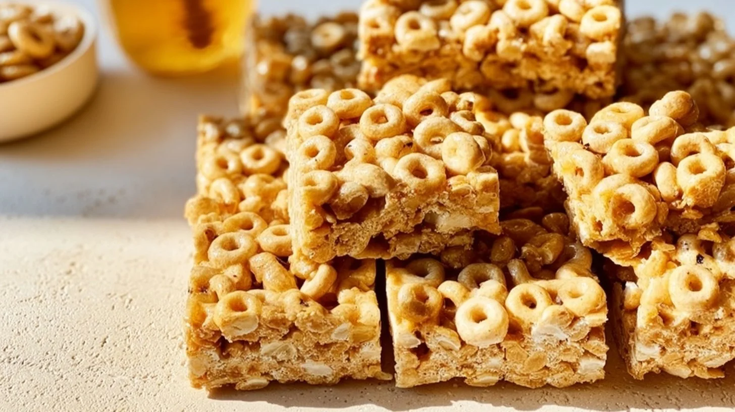 Homemade Peanut Butter and Cheerio Bars on a wooden table.