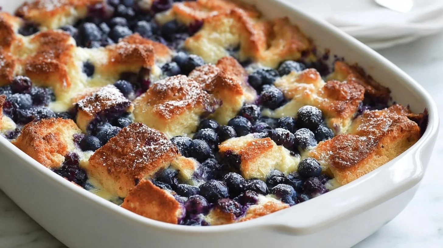 Delicious blueberry French toast casserole ready to serve