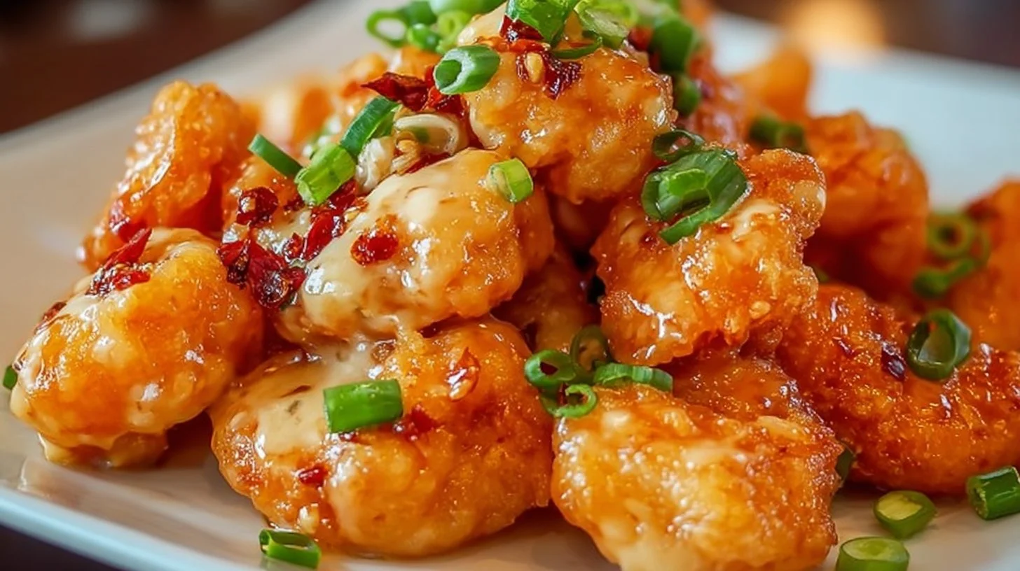 Plate of quick and easy Bang Bang Shrimp garnished with green onions