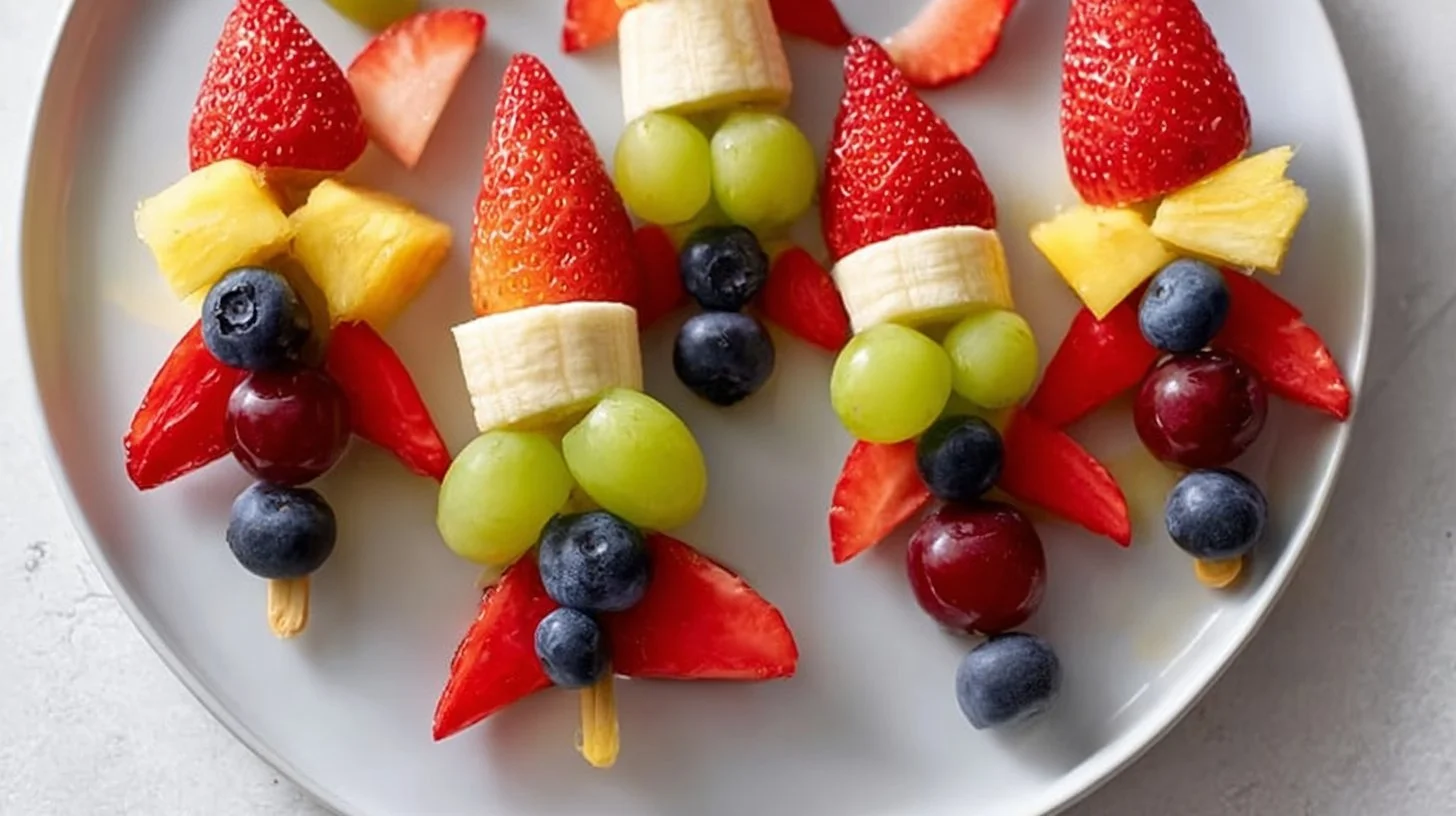 Rocket ship fruit skewers made with colorful fruits arranged on sticks