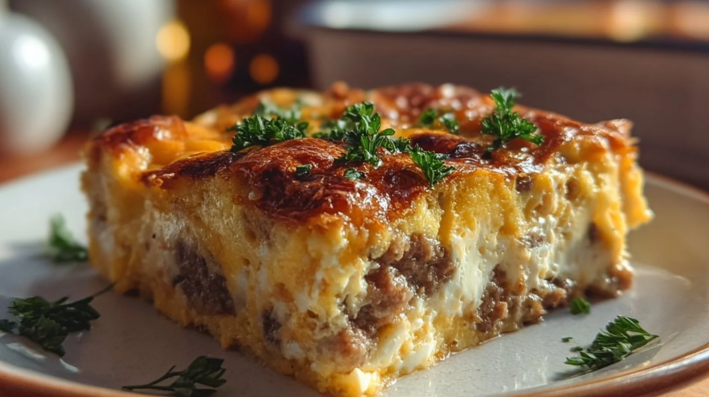 Sausage and Egg Casserole garnished with herbs in a baking dish