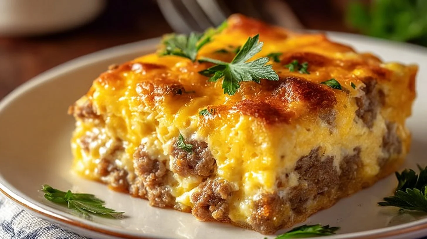 Delicious Sausage and Egg Casserole served in a baking dish