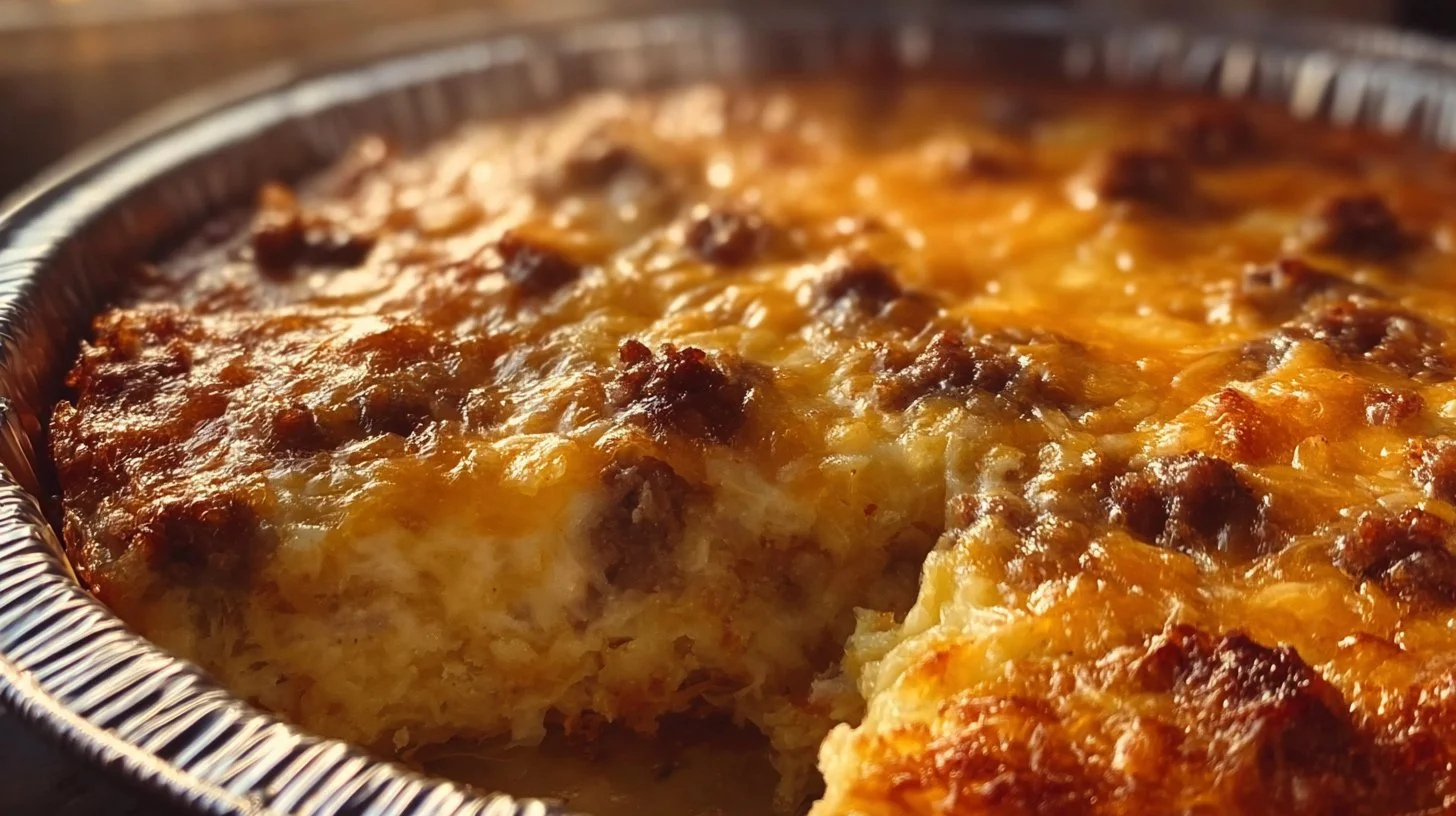 Sausage Egg and Cream Cheese Hashbrown Casserole baked to perfection