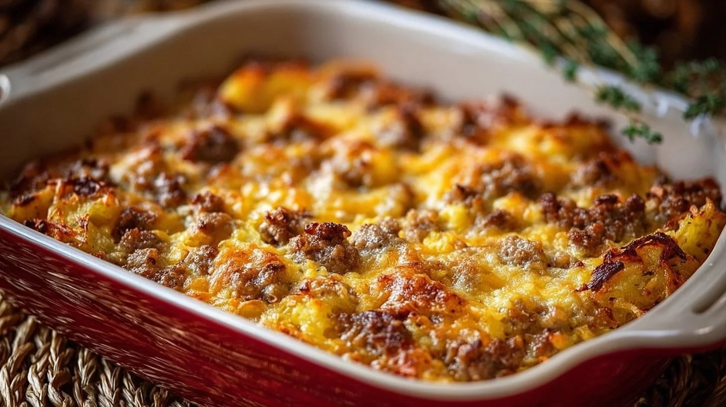 Sausage Hash Brown Casserole topped with cheese and herbs, perfect for breakfast.