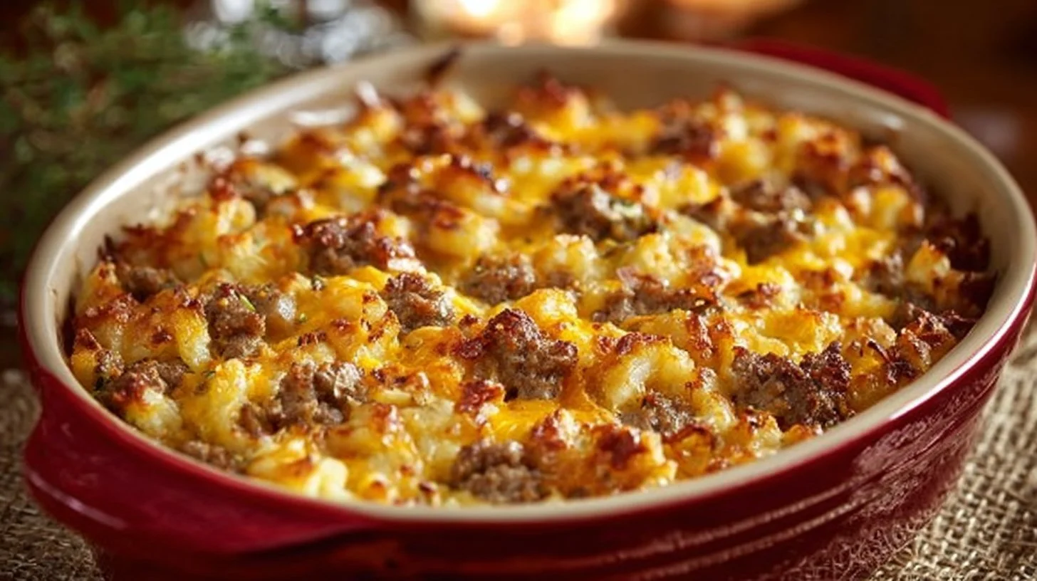 Sausage Hash Brown Breakfast Casserole fresh out of the oven