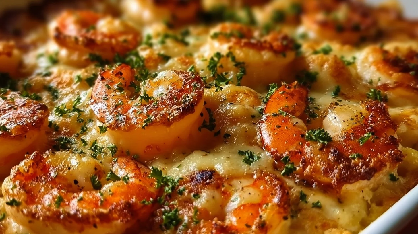Creamy seafood casserole with shrimp, scallops, and cheese baked to perfection.
