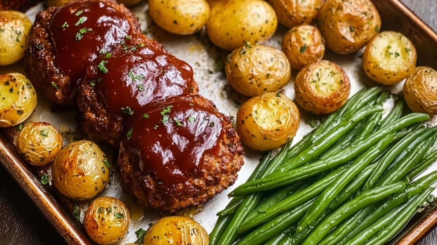 Sheet pan mini meatloaf with roasted potatoes, ready to serve for a family meal