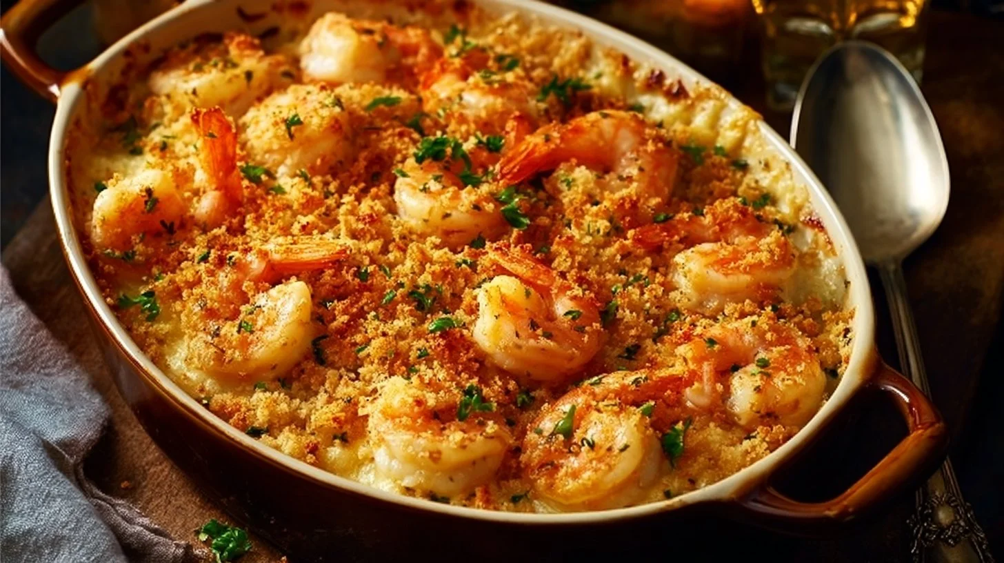 Delicious Shrimp Casserole ready to serve, featuring shrimp, cheese, and spices