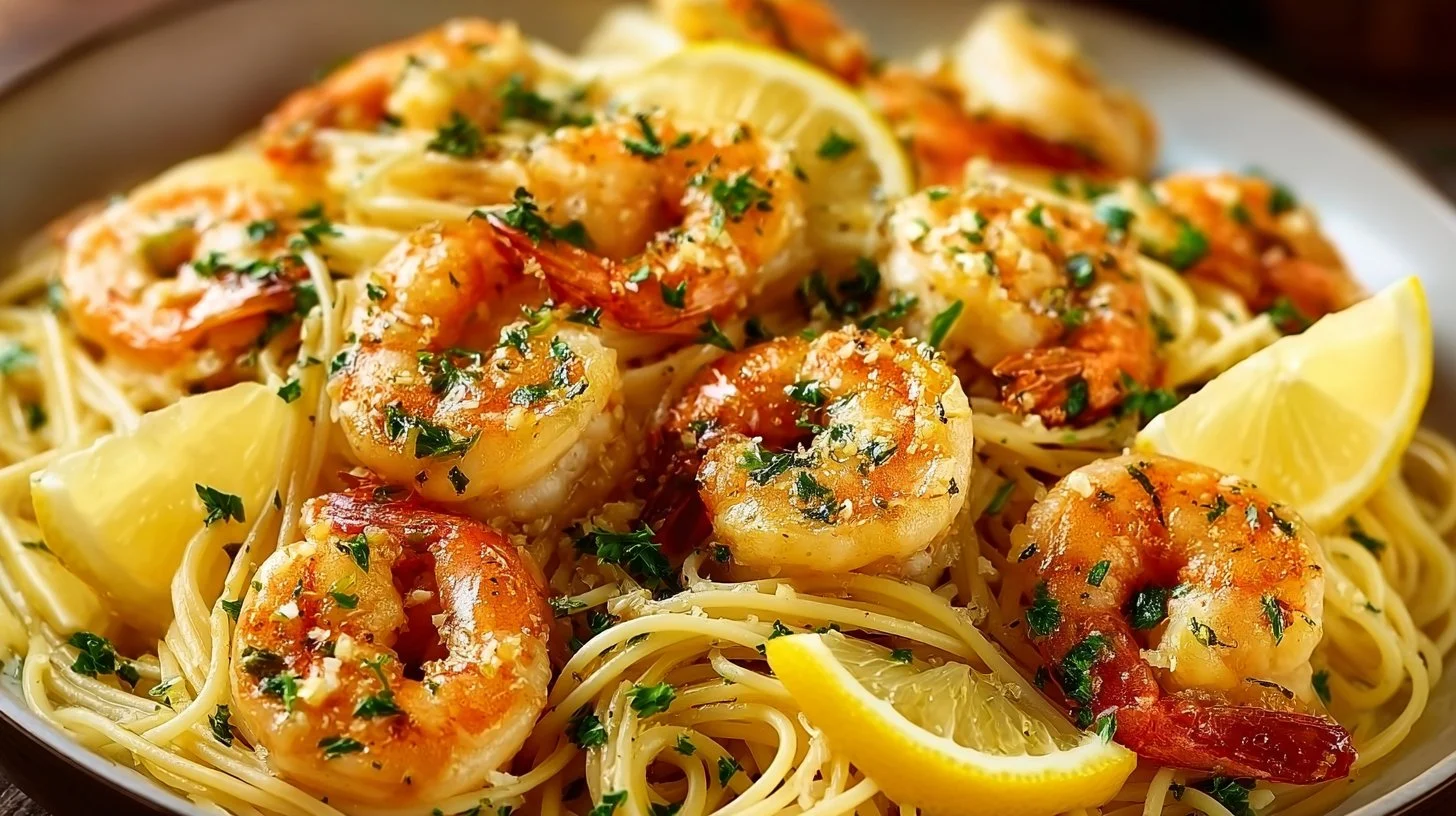 Delicious shrimp scampi with garlic and lemon served on a plate