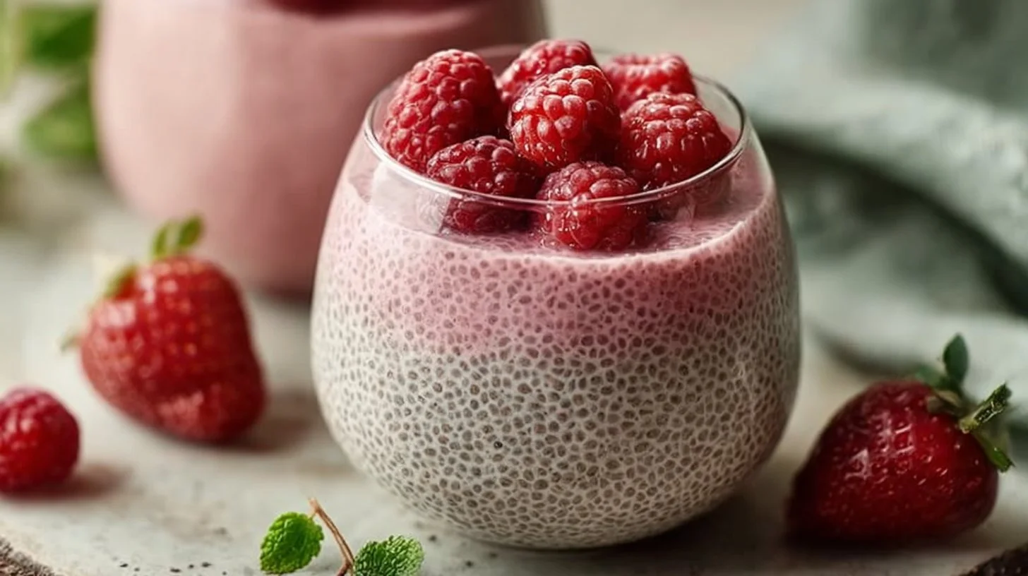 Simple 3-ingredient chia pudding topped with fresh fruit and nuts
