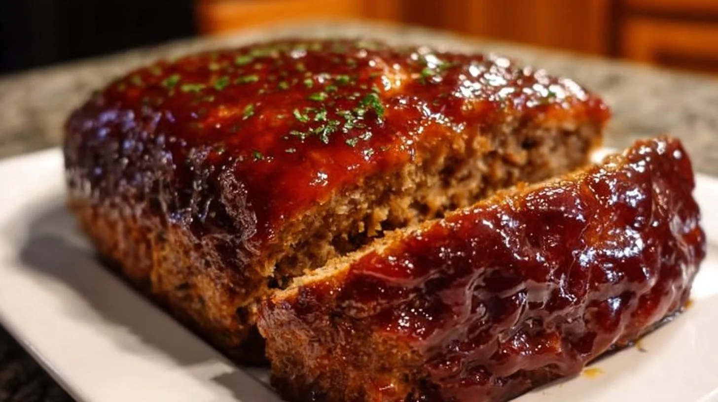 Teriyaki-glazed meatloaf served with veggies on a plate