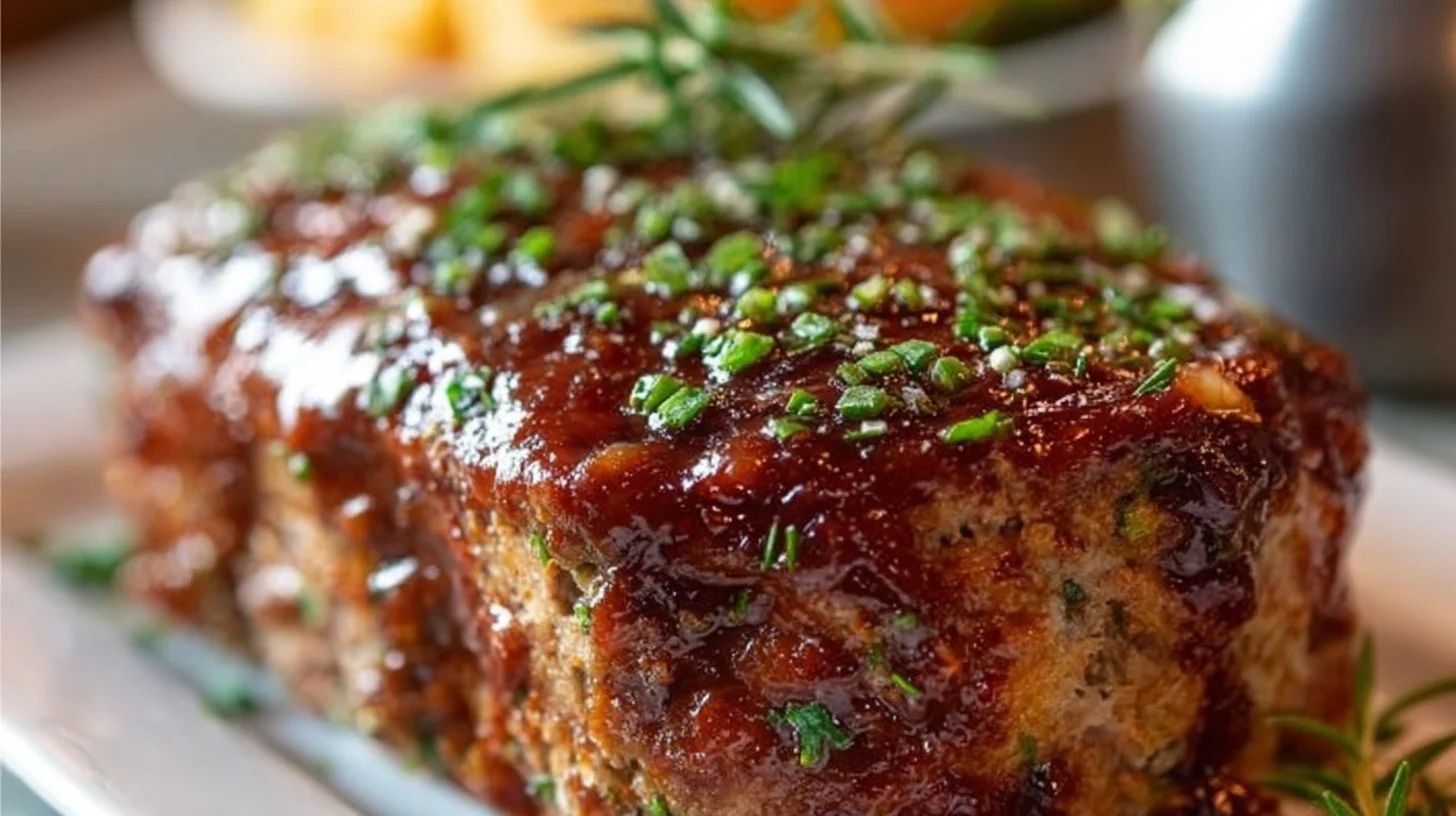 Delicious homemade meatloaf with herbs and spices, served with a side of mashed potatoes.