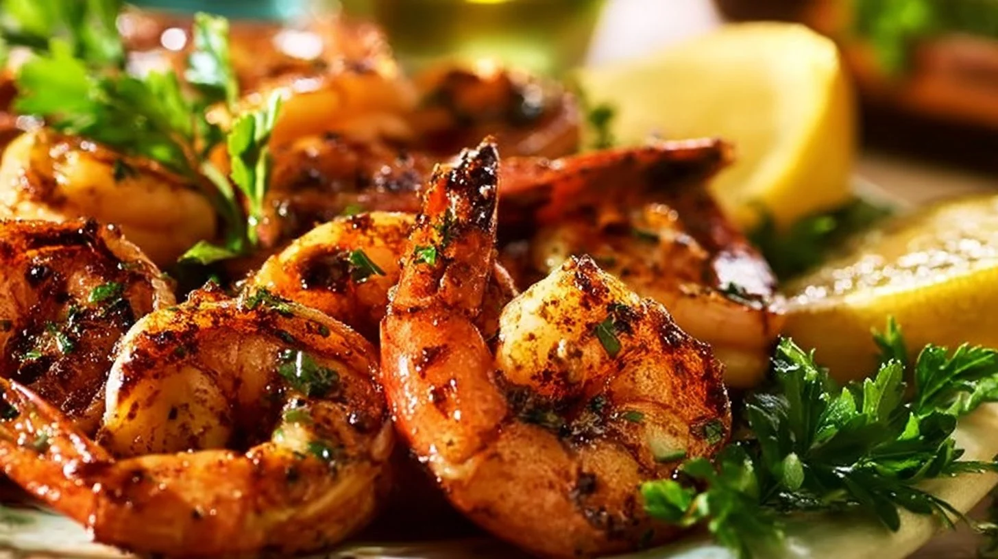 Delicious grilled shrimp on a platter, ready to serve.