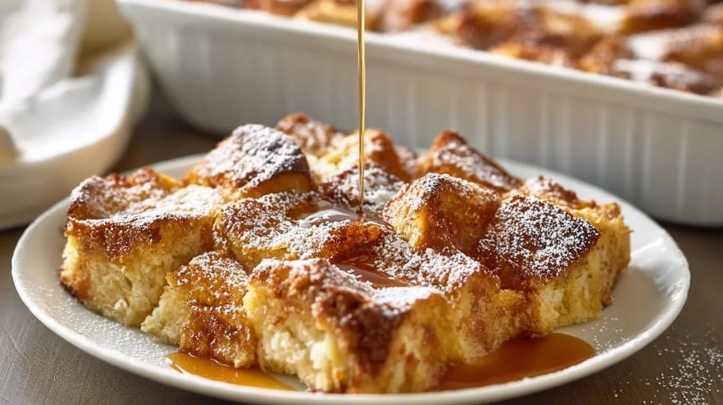 Delicious traditional French toast casserole with syrup and berries on top