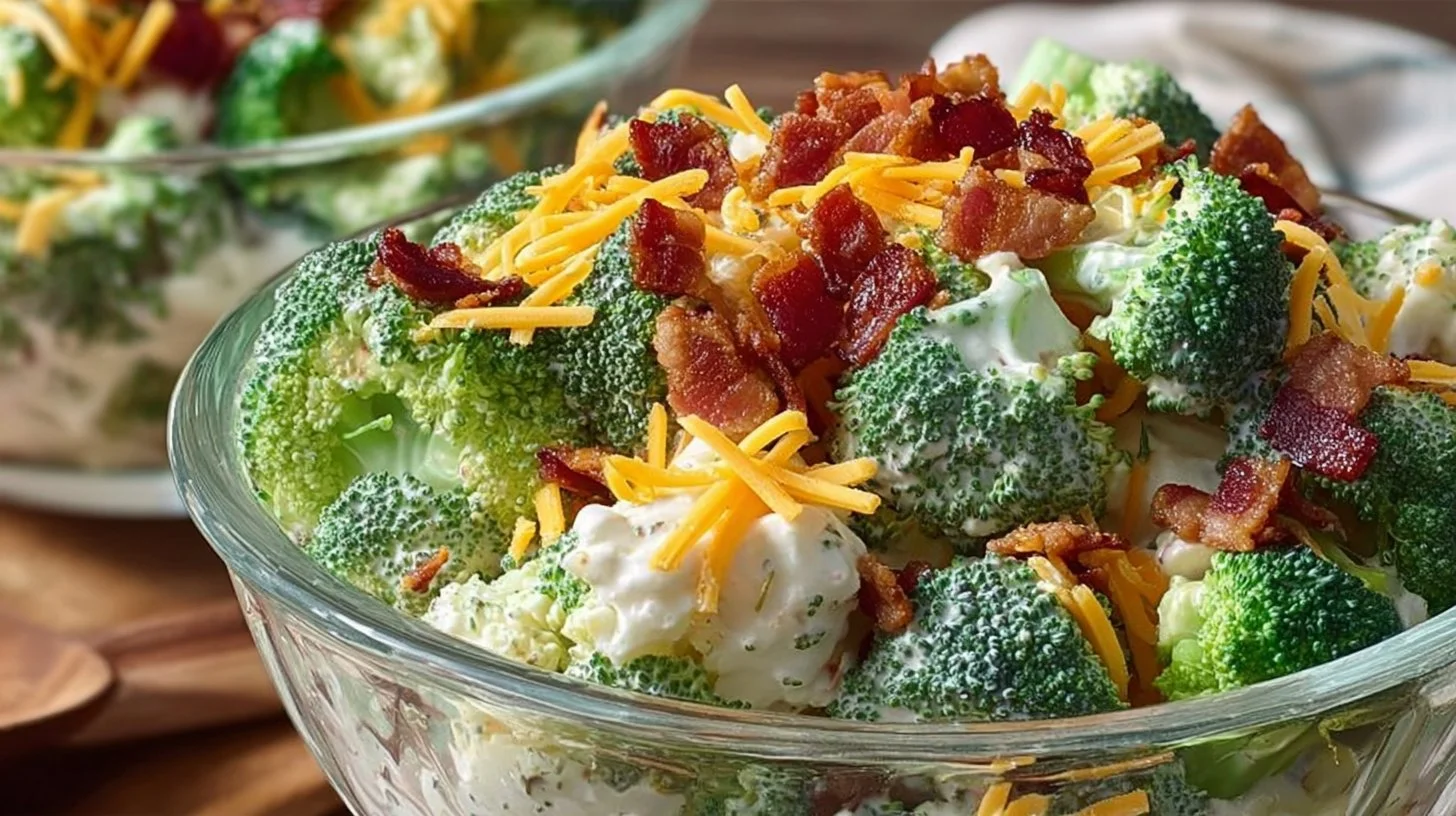 Amish broccoli salad with vegetables and dressing in a bowl