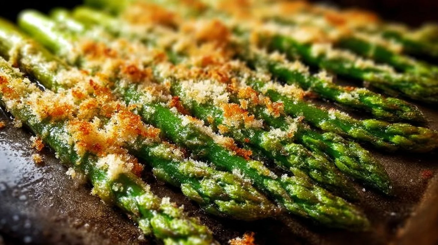Baked Parmesan Asparagus served on a white plate with a sprinkle of cheese.