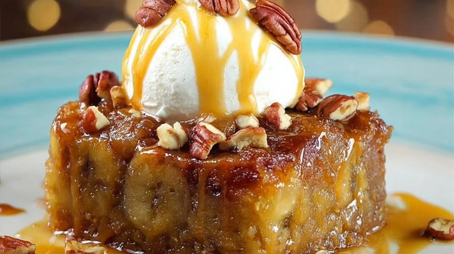 Delicious banana upside down cake topped with caramelized bananas.