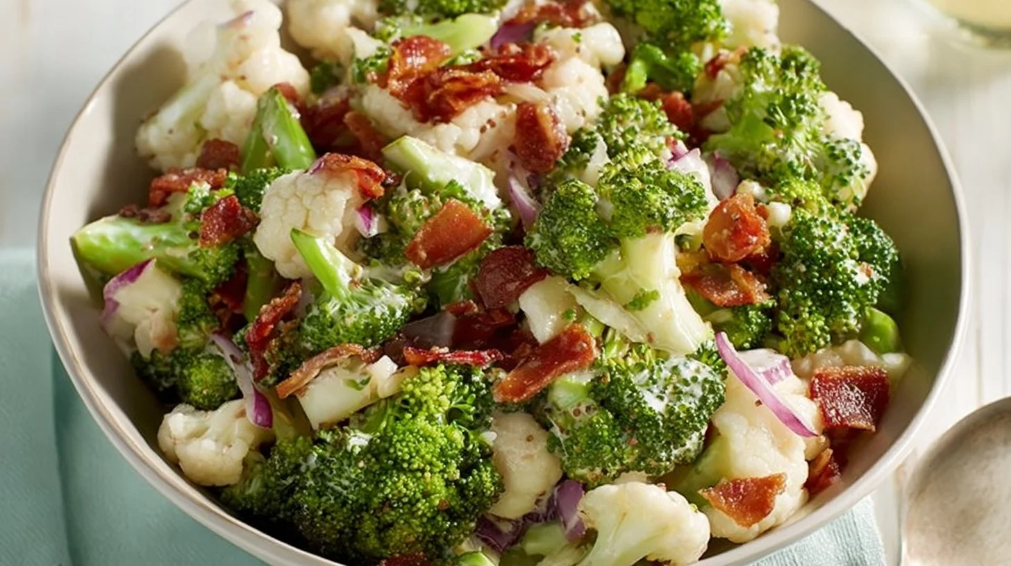 A colorful bowl of Barb's broccoli-cauliflower salad with fresh ingredients.