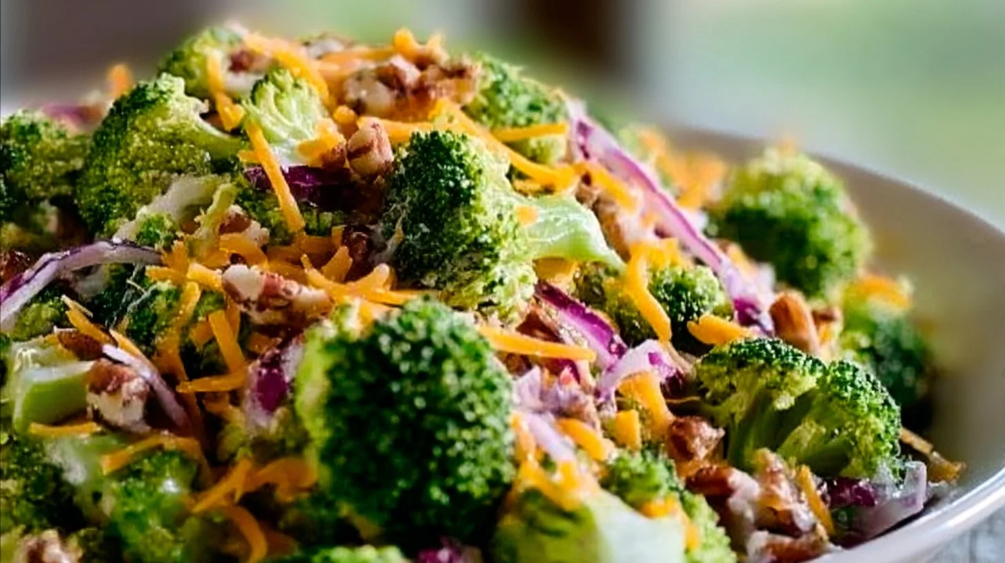 Delicious bowl of the best broccoli salad with vibrant toppings