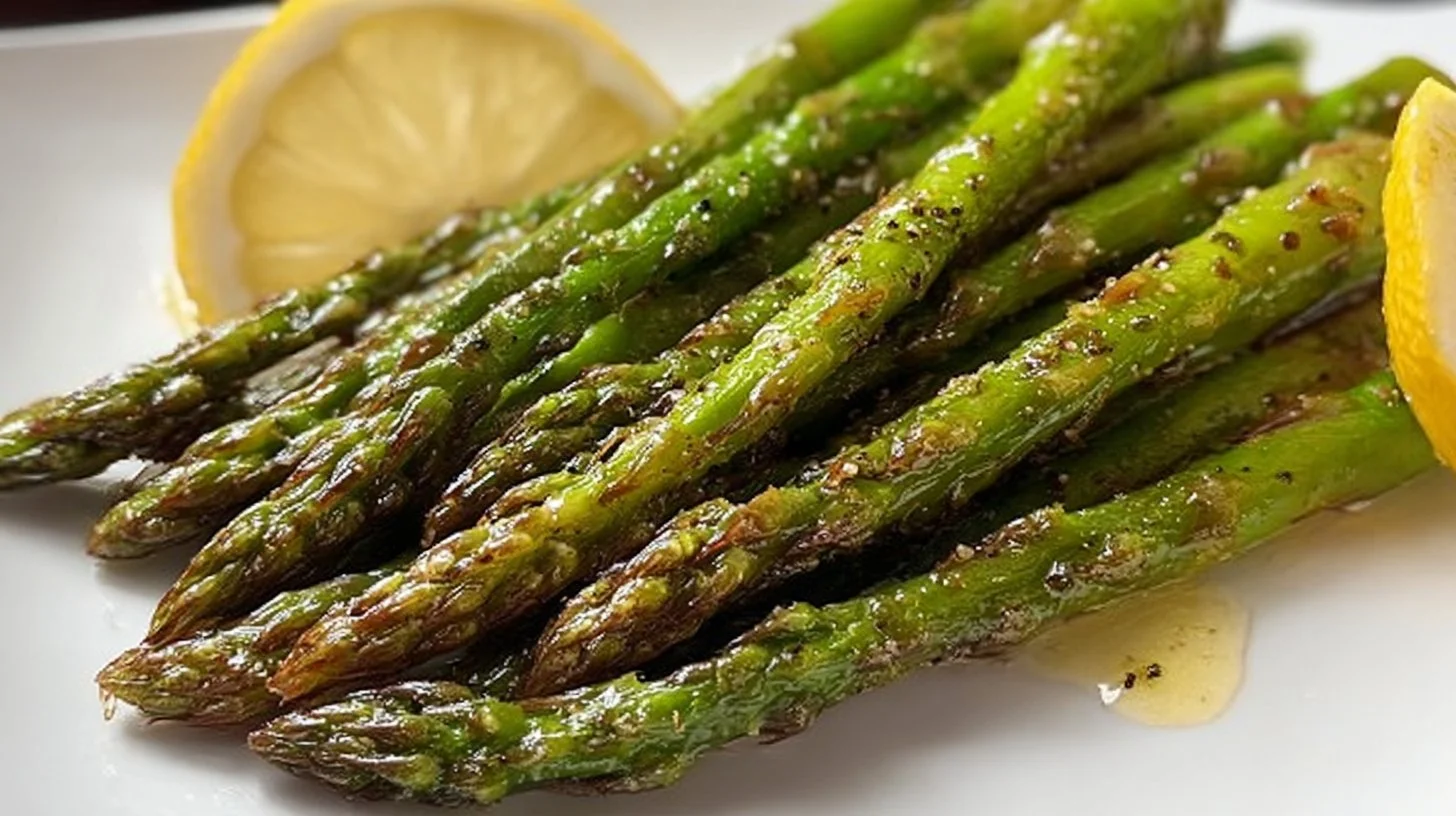 Delicious oven roasted asparagus served on a plate with seasoning.