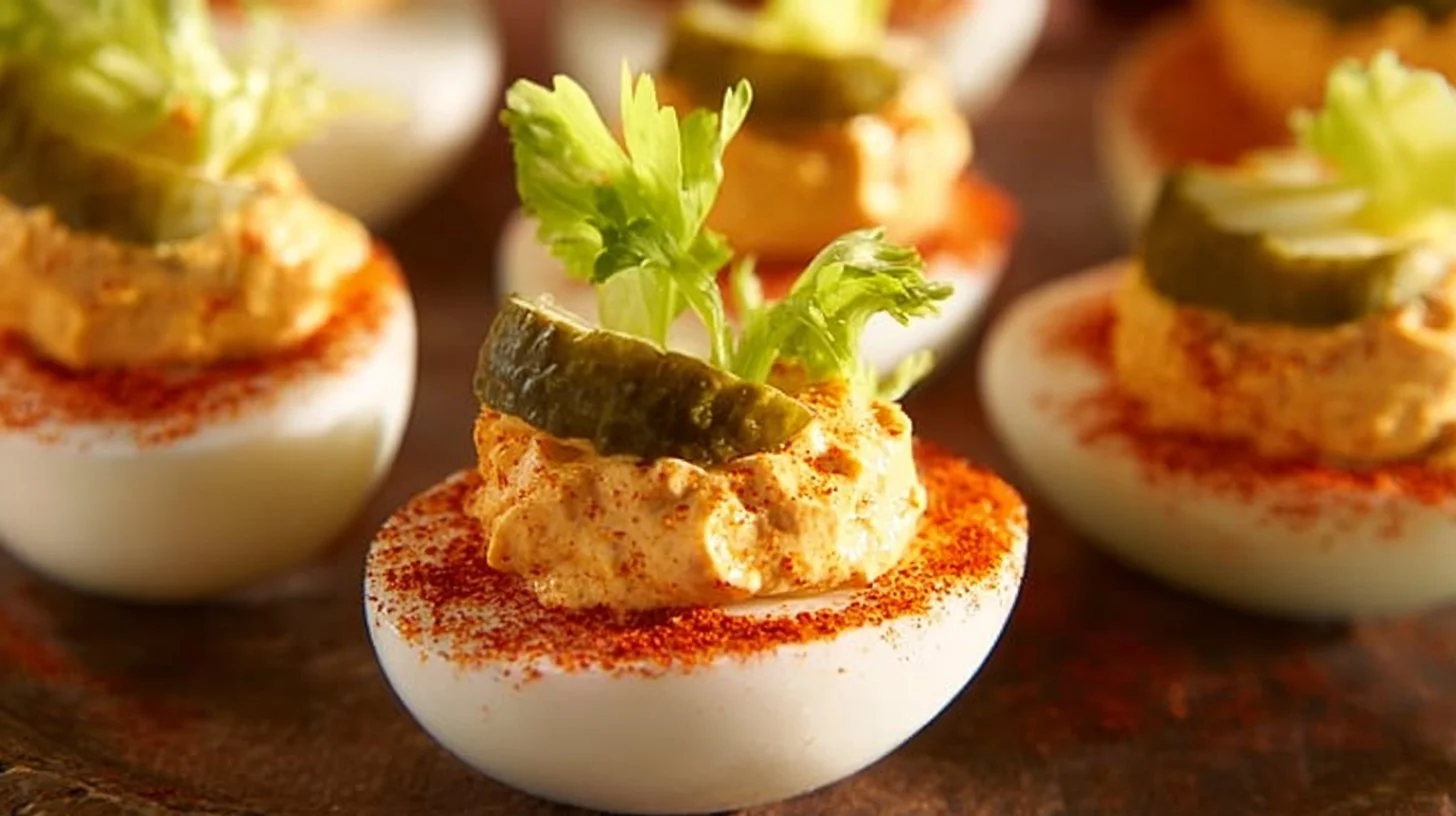 Plate of Bloody Mary Deviled Eggs topped with celery and spices.
