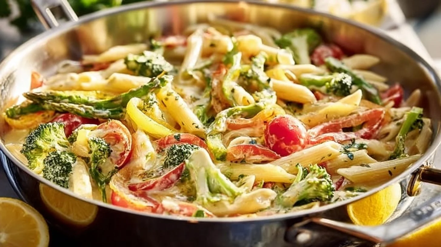 Bright and fresh lemon herb pasta primavera with fresh vegetables