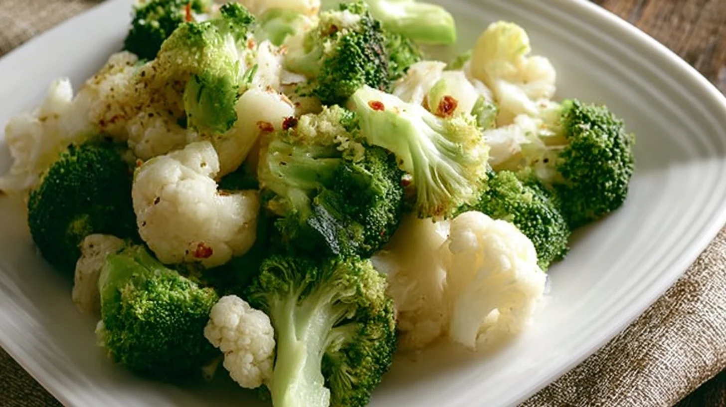 Colorful broccoli and cauliflower salad with dressing and vegetables