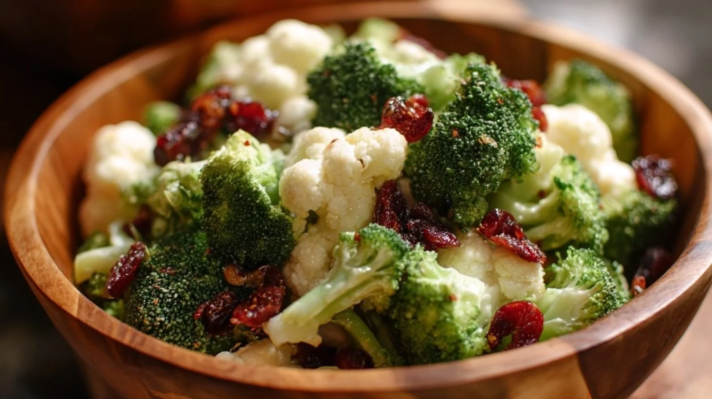 Colorful broccoli cauliflower salad with fresh vegetables and dressing