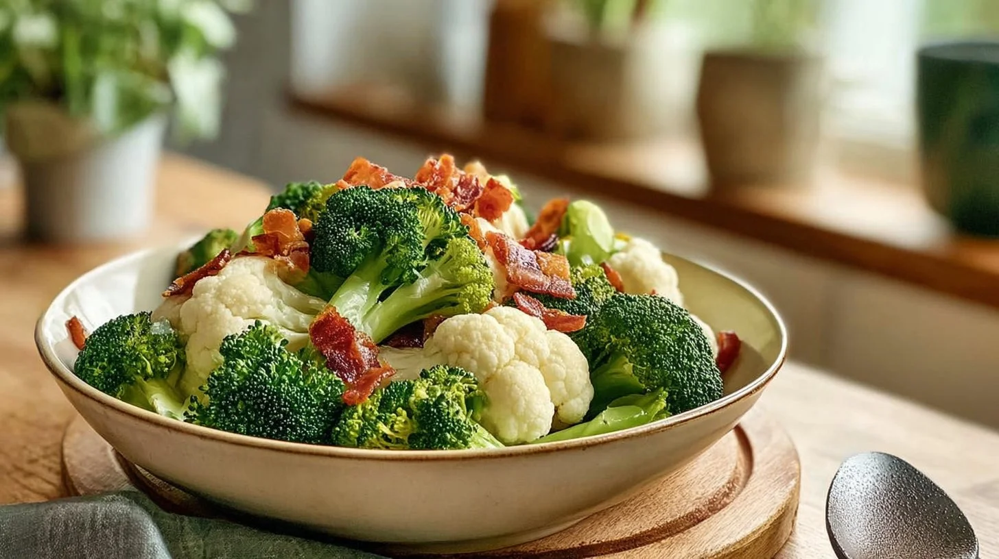 Fresh Broccoli Cauliflower Salad with vibrant vegetables and dressing
