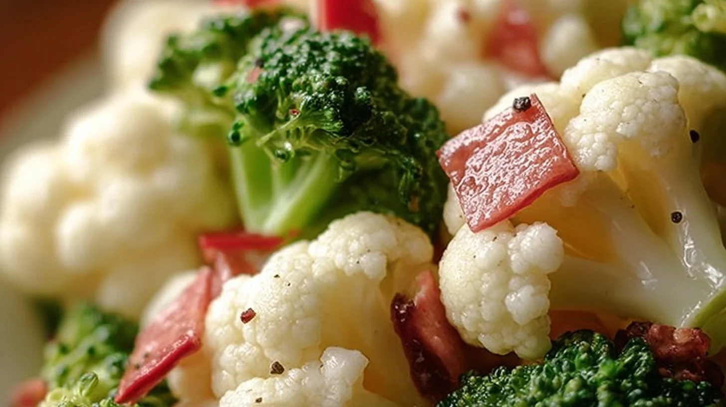 A vibrant Broccoli Cauliflower Salad with mixed vegetables and dressing