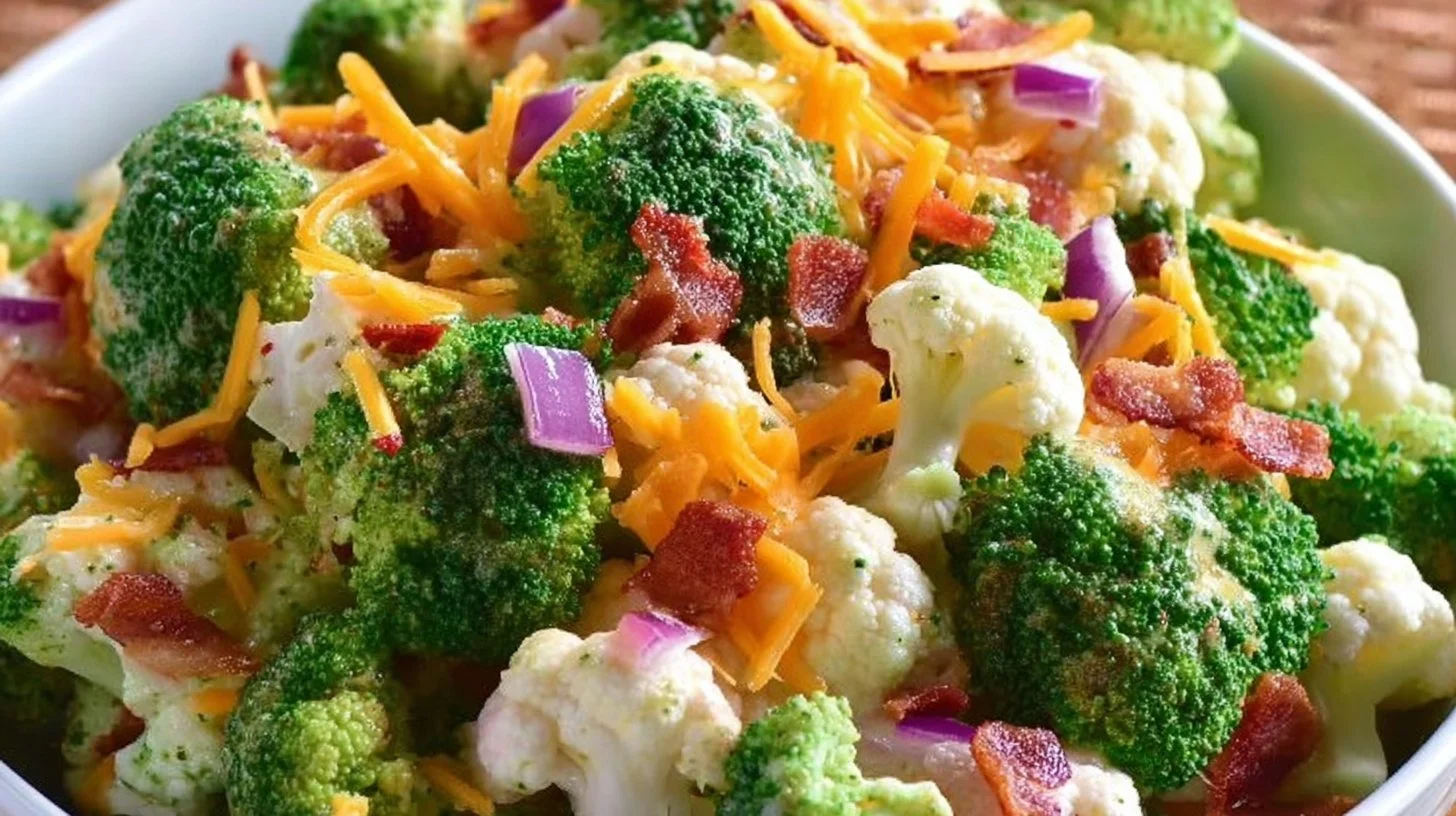 Healthy broccoli cauliflower salad with colorful vegetables and dressing