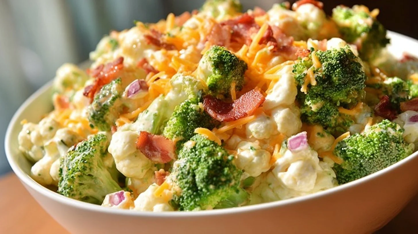 Fresh Broccoli Cauliflower Salad with colorful vegetables and dressing