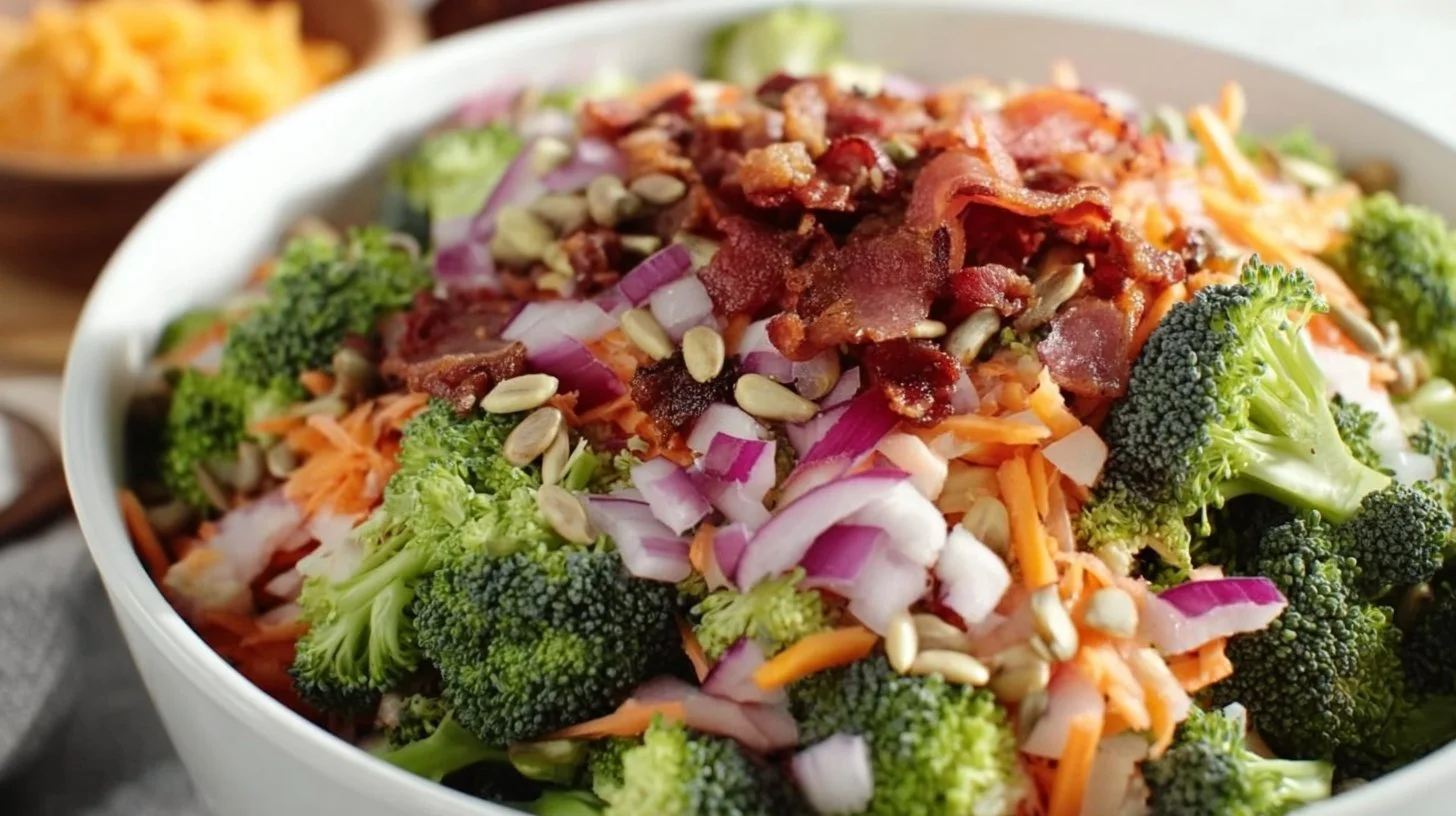 Broccoli cauliflower salad with raisins on a plate garnished with herbs