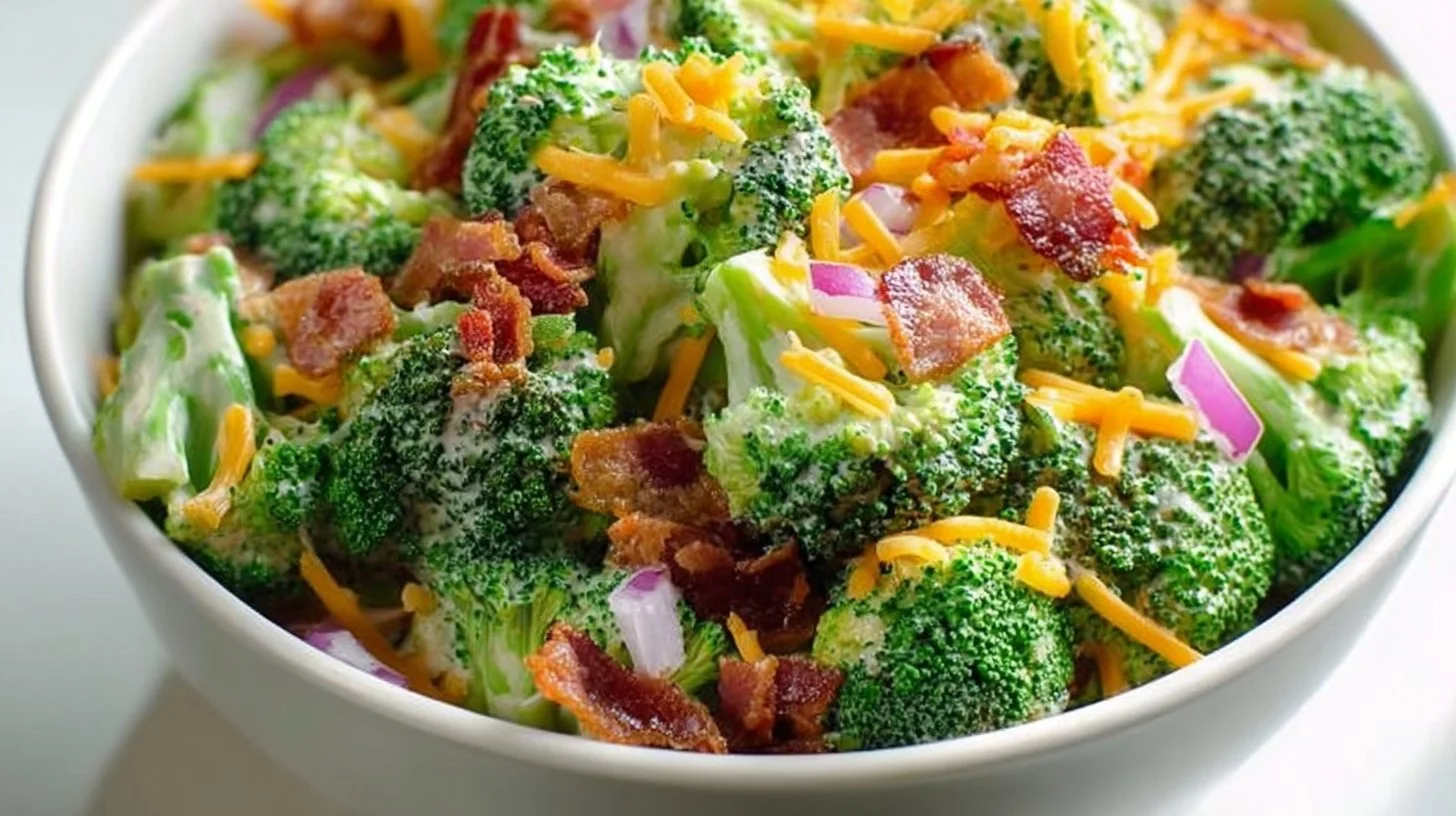 Fresh and colorful broccoli salad with nuts and dressing in a bowl