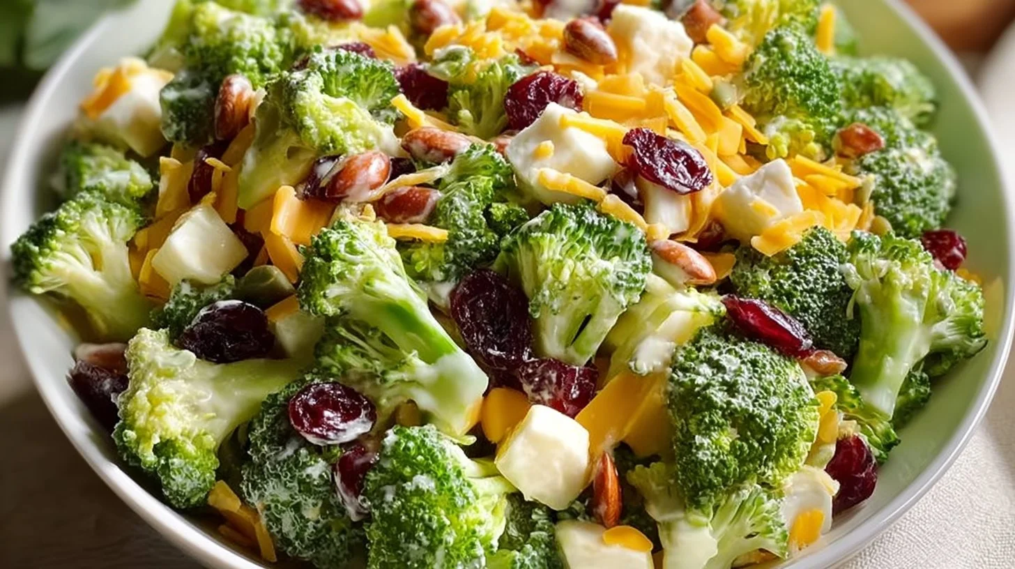Fresh broccoli salad with colorful vegetables and dressing