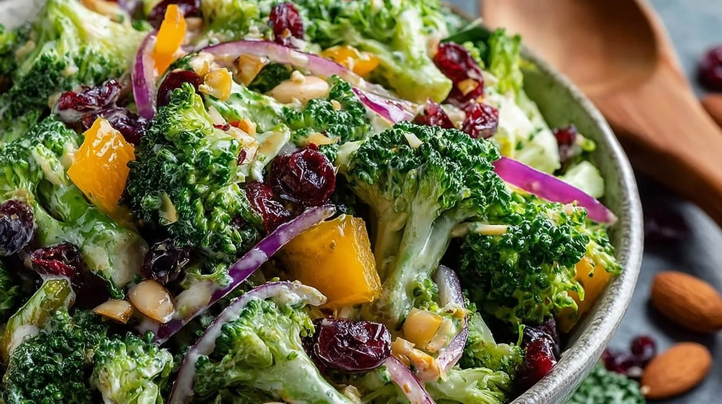 Fresh broccoli salad with colorful vegetables and dressing on a plate.